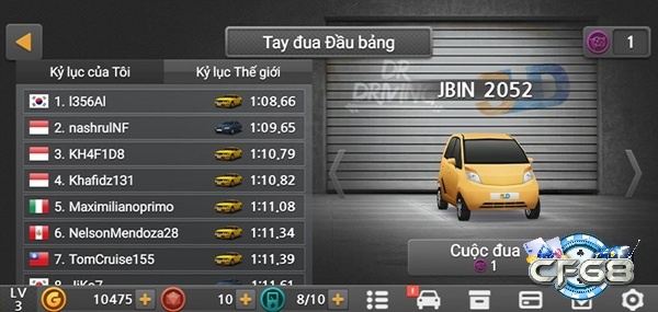 Bảng xếp hạng các tay đua đầu bảng trong Dr. Driving 2