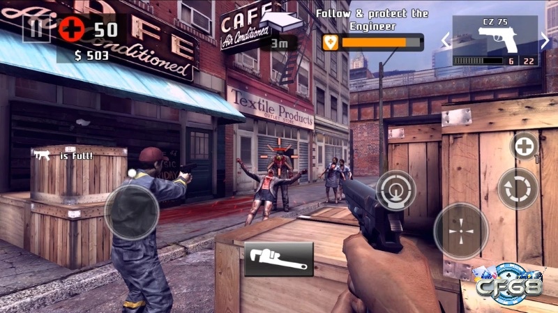 Giao diện chiến đấu trong Dead Trigger 2 với đồ họa chân thực và gameplay bắn súng kịch tính trên nền tảng di động