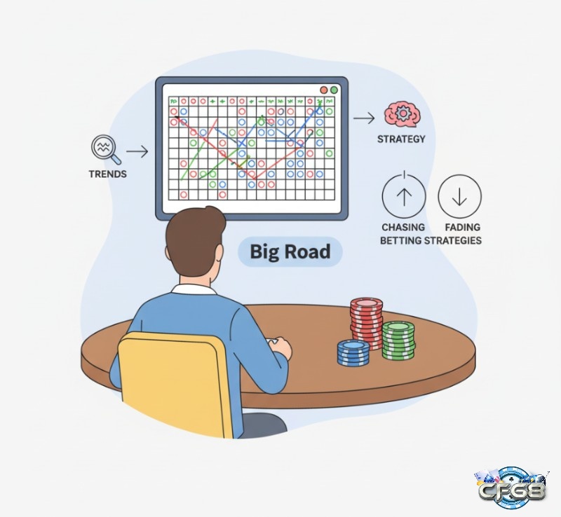 Người chơi baccarat sử dụng bảng Big Road để theo dõi lịch sử và nhận diện xu hướng, từ đó xây dựng chiến lược đặt cược