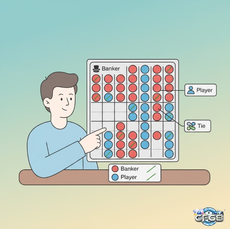 Người chơi baccarat xem và đọc bảng Big Road với các ký hiệu "Banker", "Player", "Tie"