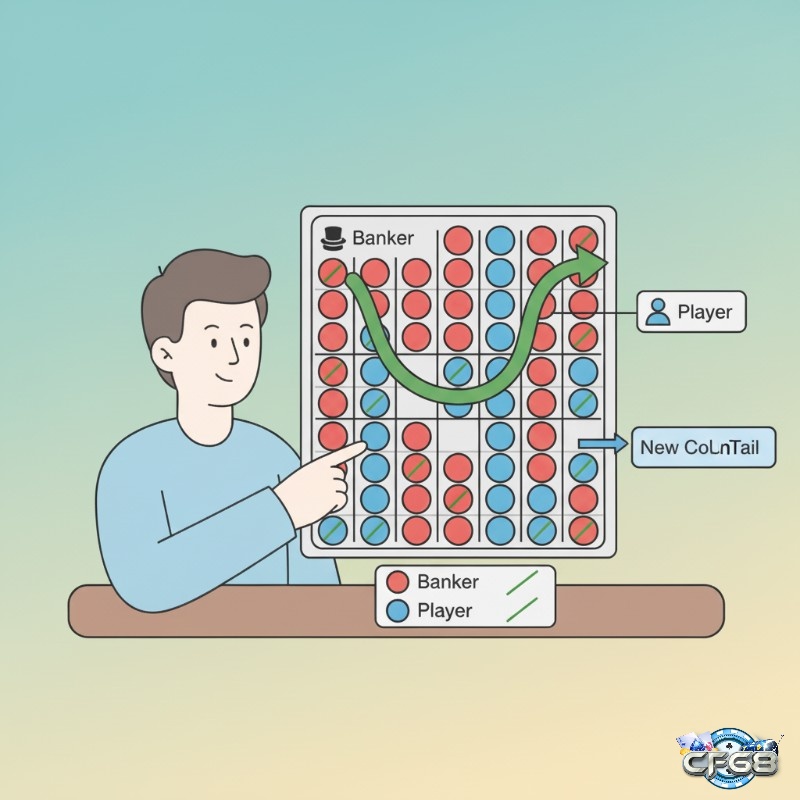 Người chơi baccarat theo dõi quy tắc ghi điểm "Chân rồng", "Đuôi rồng" trên bảng Big Road