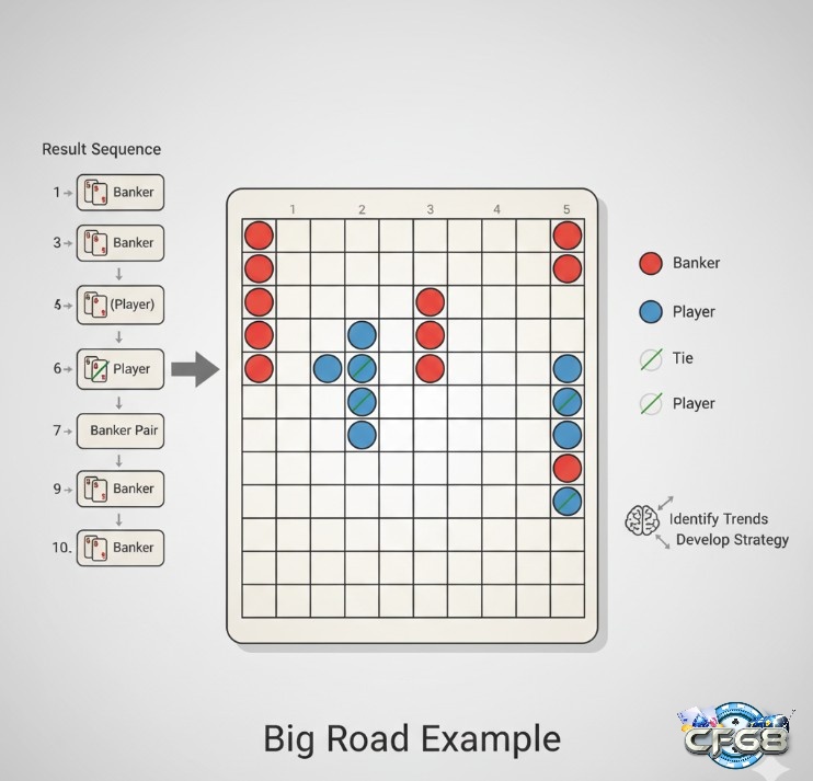 Mô tả chi tiết cách ghi và đọc các kết quả Banker, Player, Tie, và Pair trên bảng Big Road trong baccarat
