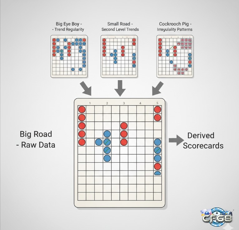 Mối liên hệ giữa Big Road và các bảng điểm phụ như Big Eye Boy, Small Road, Cockroach Pig trong baccarat