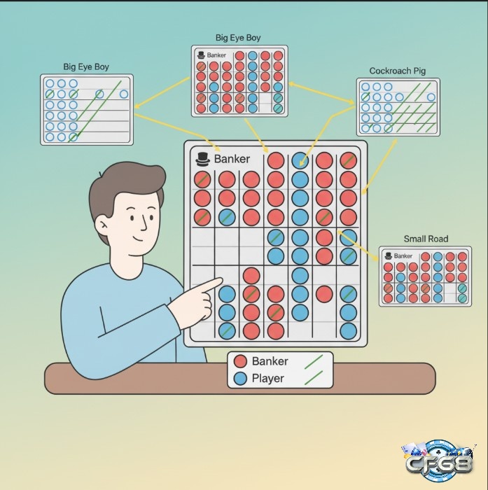 Người chơi baccarat sử dụng các bảng điểm phụ như Big Eye Boy, Small Road và Cockroach Pig để phân tích kết quả