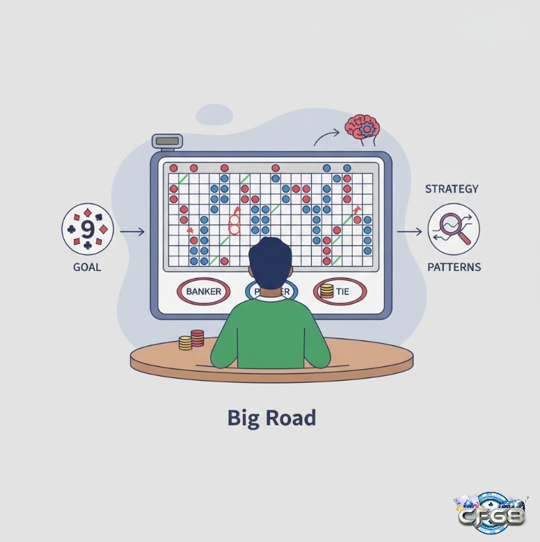 Người chơi baccarat đặt cược Banker/Player/Tie, theo dõi kết quả trên bảng Big Road, để tìm kiếm quy luật big road baccarat là gì