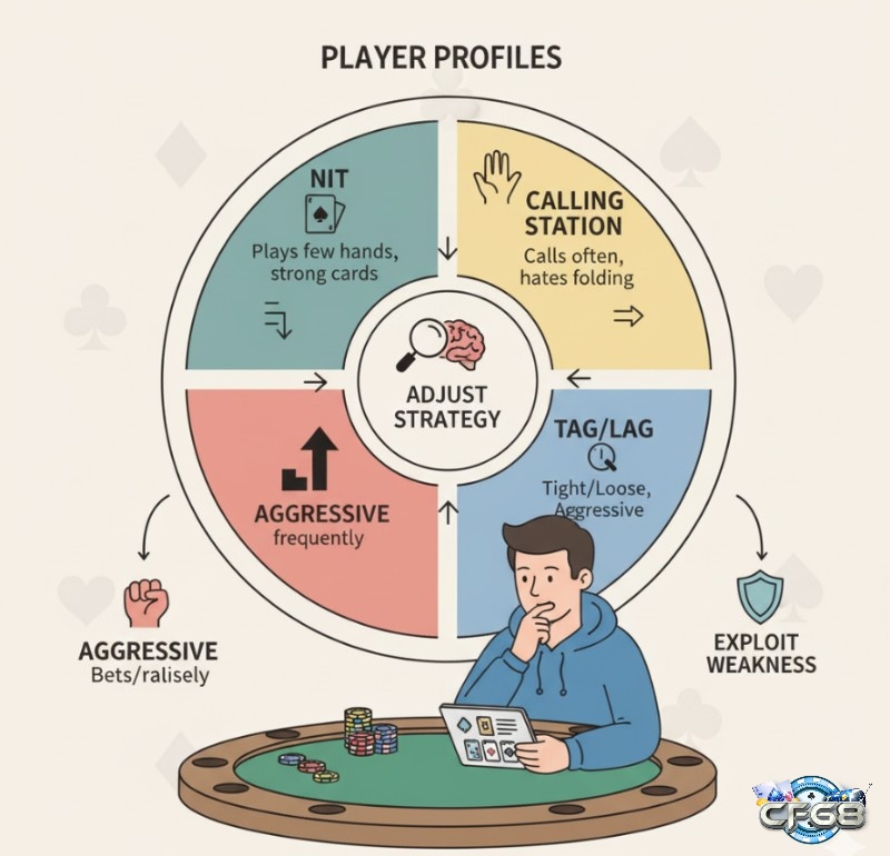 Người chơi Poker nhận diện các mẫu hình đối thủ (Nit, Calling Station, Aggressive) để điều chỉnh chiến lược và khai thác điểm yếu hiệu quả