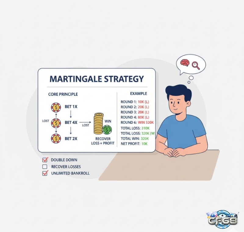 Người chơi hiểu cơ chế Martingale: nhân đôi tiền cược sau mỗi lần thua để bù lỗ và có lợi nhuận nhỏ