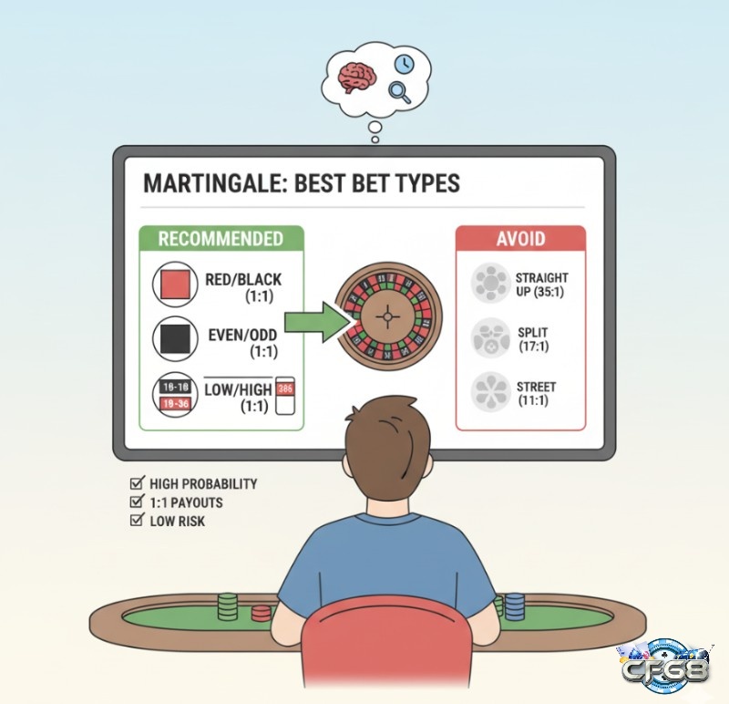 Người chơi Roulette lựa chọn các loại cược có tỷ lệ thắng 50/50 như Đỏ/Đen để áp dụng chiến thuật Martingale