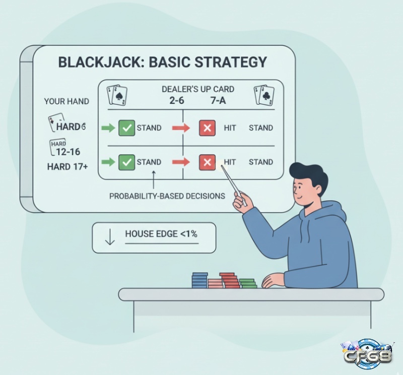 Người chơi Blackjack áp dụng chiến thuật cơ bản dựa trên xác suất để tối ưu hóa quyết định và giảm lợi thế nhà cái
