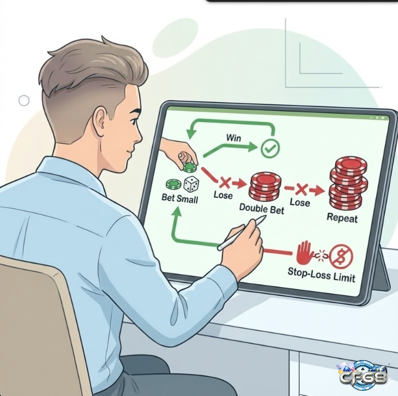 Người chơi áp dụng chiến thuật ""kéo xả"" (Martingale biến thể) trong kèo tài xỉu, quản lý vốn, gấp đôi cược khi thua và đặt giới hạn dừng