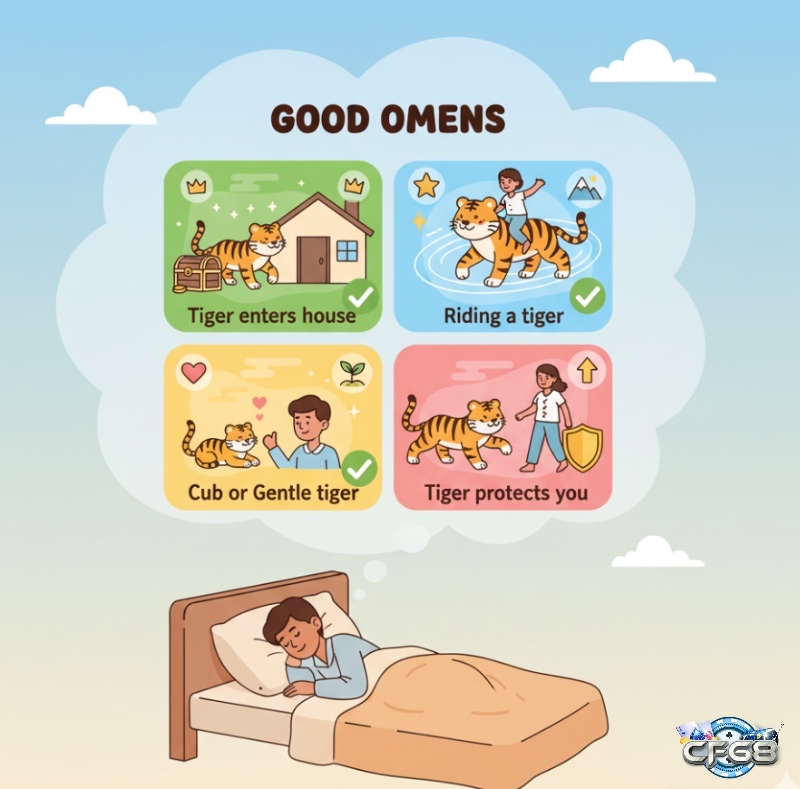 Người mơ thấy hổ vào nhà, cưỡi hổ, hổ con hiền lành, hoặc hổ bảo vệ, đều là điềm báo may mắn, thăng tiến và thành công