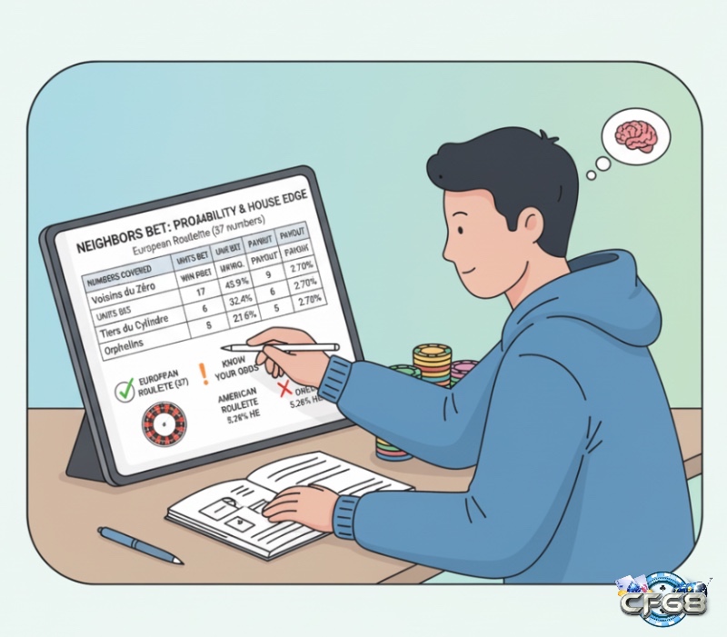 Người chơi Roulette phân tích xác suất và lợi thế nhà cái cho các loại cược Neighbors Bet khác nhau