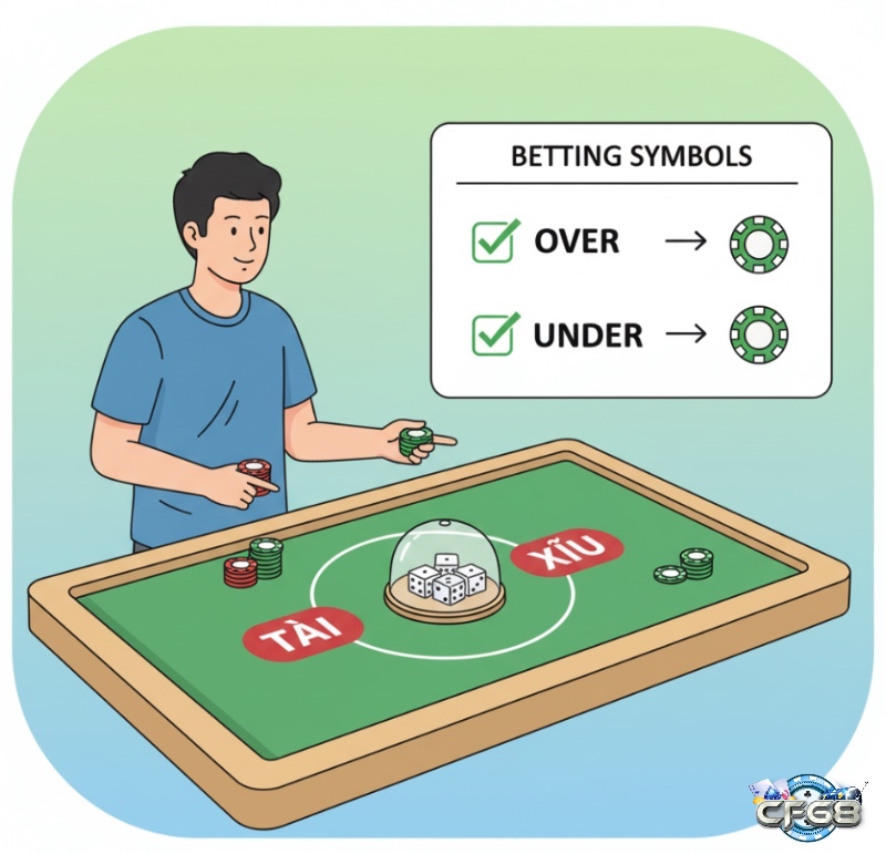 Người chơi cá cược đặt tiền vào cửa Tài và Xỉu trên bàn cược, hiểu các ký hiệu