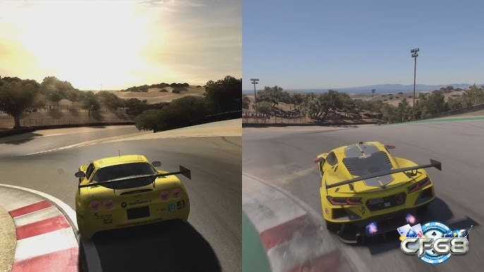 Xe vào cua tại Laguna Seca, góc quay cận cho thấy độ bám và quán tính