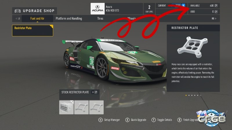 Giao diện nâng cấp xe với nhiều mục đang khóa theo cấp độ
