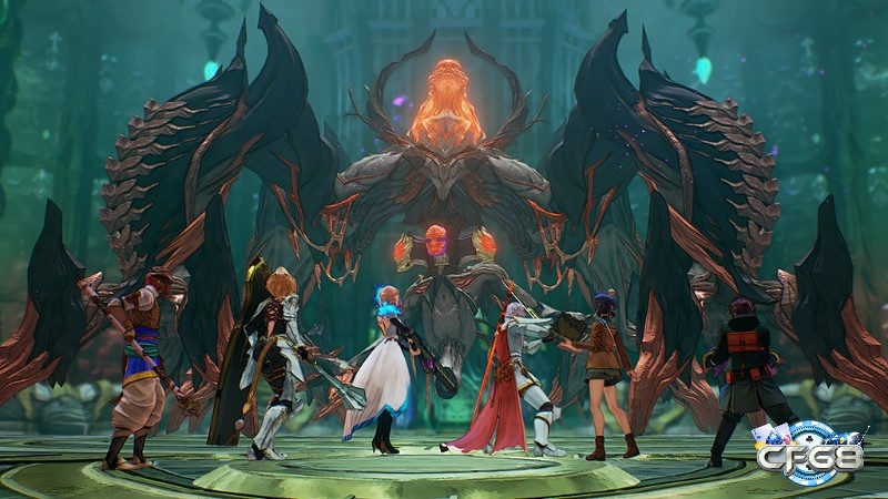 Trận boss trong không gian rộng, boss tung đòn quét sáng rực, người chơi né sát mép