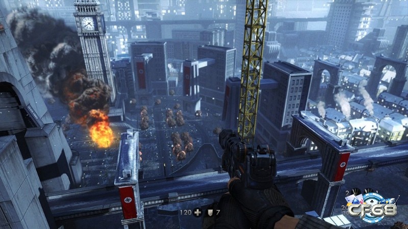 Đường phố phủ áp phích và cờ đỏ trong game Wolfenstein: The New Order