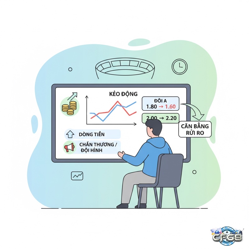 Người chơi thể thao theo dõi biểu đồ tỷ lệ cược biến động, hiển thị dòng tiền và thông tin trận đấu trong kèo động (line movement) là gì