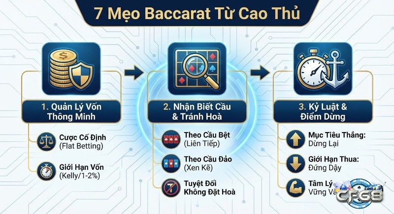 7 kinh nghiệm chơi Baccarat để thắng từ cao thủ giúp quản lý vốn thông minh, nhận biết cầu và duy trì kỷ luật dừng đúng lúc