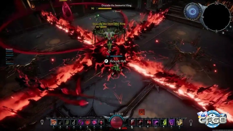 Trận đấu trùm trong V Rising tại rừng sương với hiệu ứng vùng nguy hiểm