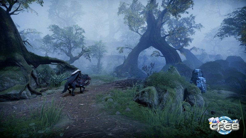 Khung cảnh V Rising với rừng sương và ánh trăng tạo cảm giác u ám