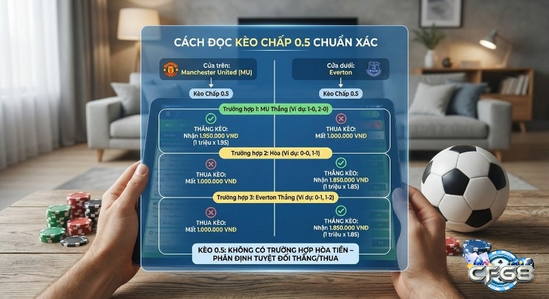 Hướng dẫn đọc kèo chấp 0.5 chuẩn xác từng trường hợp MU đấu Everton, minh họa kết quả thắng/thua rõ ràng, không hòa tiền
