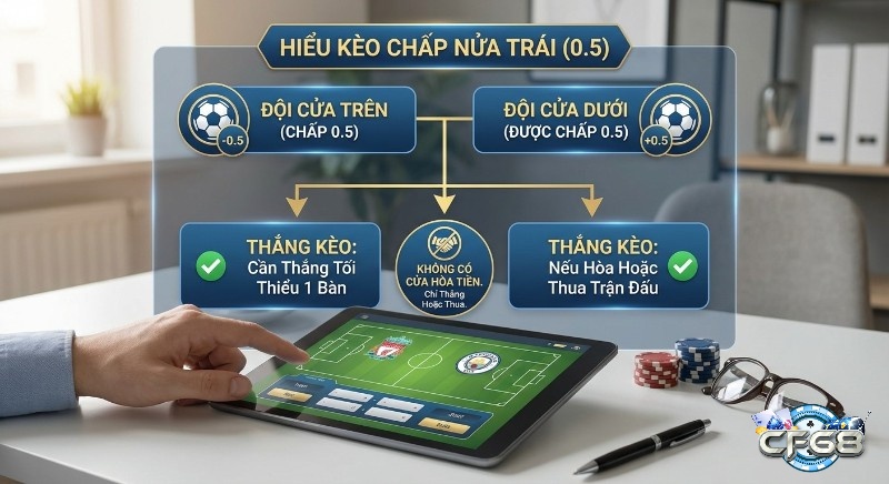 Sơ đồ hướng dẫn kèo chấp nửa trái (0.5) chi tiết: điều kiện thắng kèo cho đội cửa trên, cửa dưới và không có cửa hòa tiền