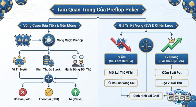 Sơ đồ phân tích tầm quan trọng của Preflop Poker là gì, chỉ ra các yếu tố ảnh hưởng, giá trị kỳ vọng (EV) và chiến lược tối ưu để định hình lối chơi