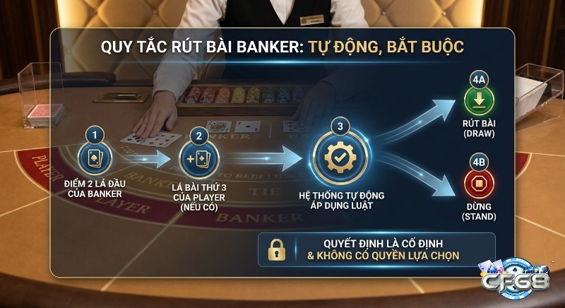 Sơ đồ giải thích bảng quy tắc rút bài cho Banker tự động, bắt buộc trong Baccarat, nhấn mạnh quyết định cố định không có lựa chọn