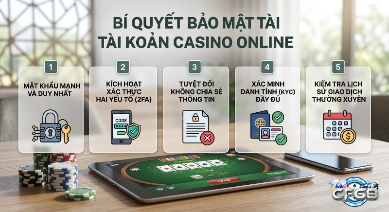 Quy trình 5 bước bảo mật tài khoản casino online, tập trung vào mật khẩu mạnh, xác thực 2FA, KYC và theo dõi giao dịch