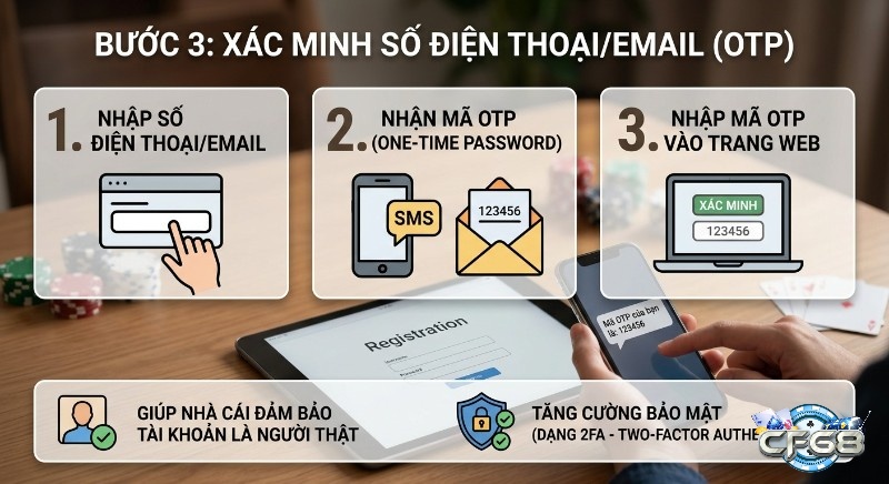 Quy trình 3 bước xác minh số điện thoại/email, bằng OTP khi tạo tài khoản casino online, đảm bảo người thật và tăng cường bảo mật 2FA