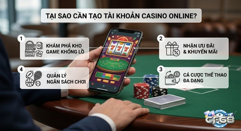 Checklist lợi ích khi cách tạo tài khoản casino online: khám phá kho game khổng lồ, nhận ưu đãi, cá cược thể thao đa dạng, quản lý ngân sách hiệu quả
