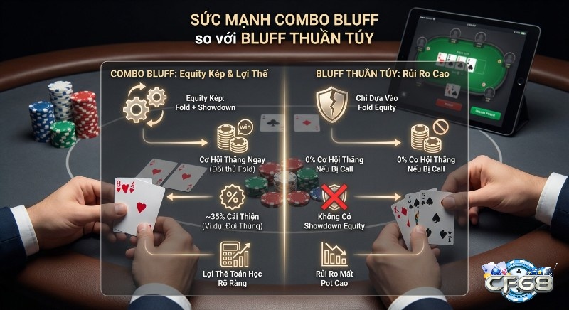 Sơ đồ so sánh sức mạnh Combo Bluff là gì vượt trội Bluff thuần túy, làm rõ lợi thế equity kép và cơ hội cải thiện bài đợi ~35%