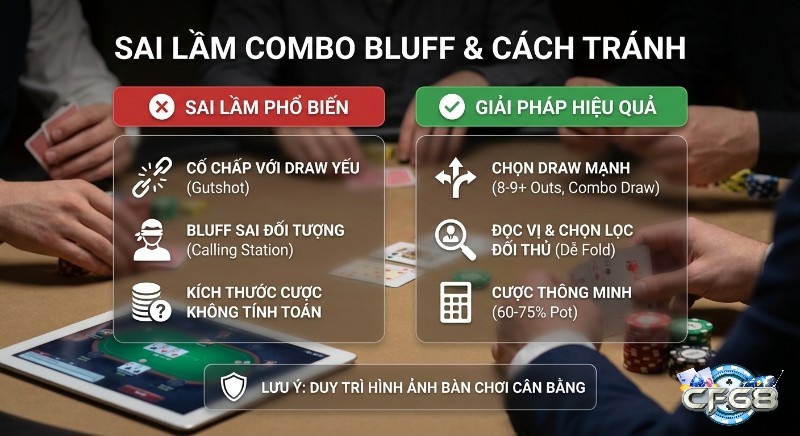 Tổng quan về sai lầm Combo Bluff và cách tránh, từ nhận diện draw yếu đến chọn draw mạnh, đọc vị đối thủ và cược thông minh 60-75% pot