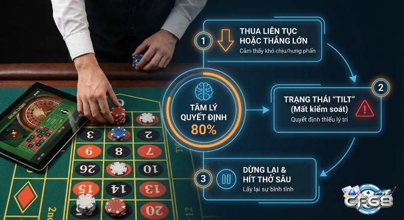 Quy trình kiểm soát tâm lý và tránh "tilt" trong Roulette, nhấn mạnh tâm lý quyết định 80% thành bại cùng giải pháp hít thở sâu để lấy lại bình tĩnh
