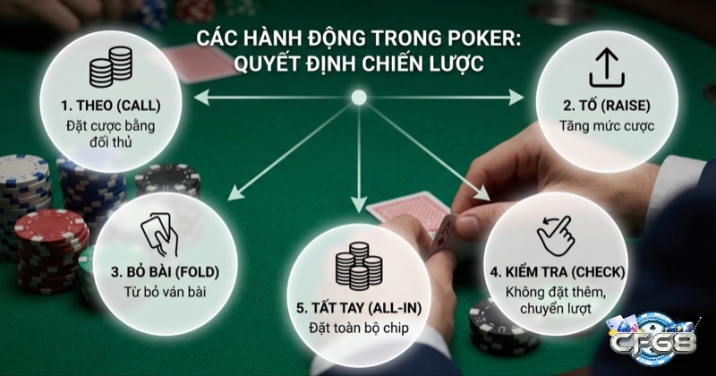 Tổng quan 5 hành động chiến lược trong Poker: Theo, Tố, Bỏ bài, Kiểm tra, Tất tay giúp người chơi ra quyết định