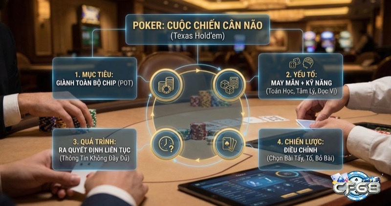 Sơ đồ giải thích game Poker Texas Hold'em là cuộc chiến cân não, nhấn mạnh mục tiêu, yếu tố, quá trình và chiến lược trong luật chơi poker