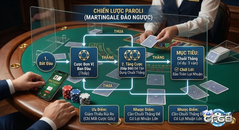 Quy trình áp dụng chiến lược Paroli (Martingale đảo ngược) trong Baccarat, tận dụng chuỗi thắng và chốt lời bảo toàn lợi nhuận