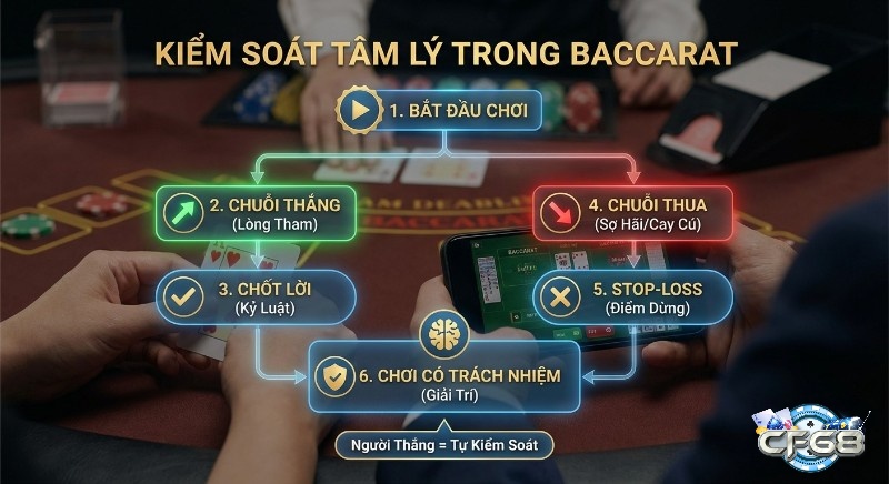 Sơ đồ hướng dẫn kiểm soát tâm lý khi chơi Baccarat, minh họa 6 bước từ lòng tham đến kỷ luật và chơi có trách nhiệm