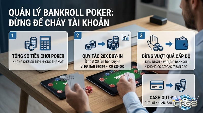 Quy trình 4 bước quản lý bankroll Poker giúp sinh tồn và tránh cháy tài khoản, tuân thủ 20x buy-in, cash out định kỳ