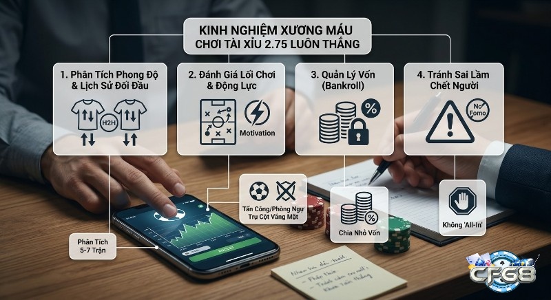 Quy trình 4 bước kinh nghiệm xương máu chơi tài xỉu 2.75 luôn thắng bằng cách phân tích 5-7 trận, quản lý vốn chặt chẽ, tránh all-in và FOMO
