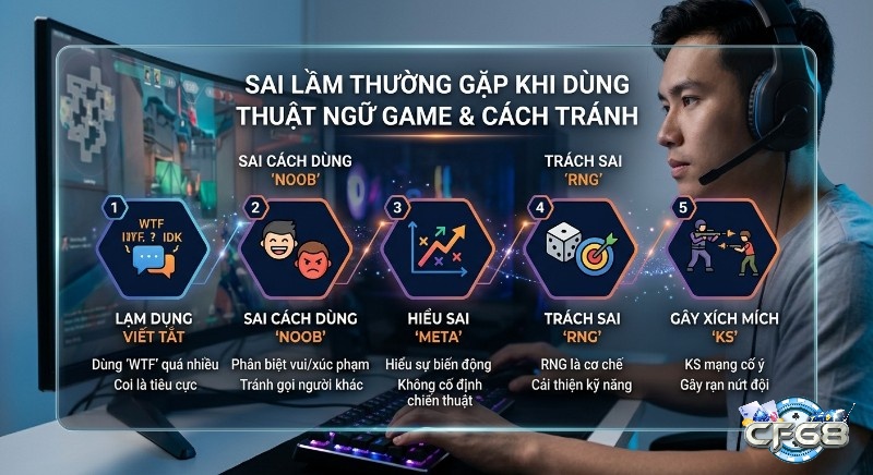 Checklist 5 sai lầm thường gặp khi dùng thuật ngữ game online, như lạm dụng viết tắt, hiểu sai META hay trách RNG, giúp game thủ tránh gây xích mích