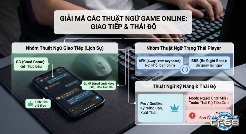 Tổng hợp thuật ngữ game online giải mã giao tiếp, trạng thái và thái độ người chơi, minh họa các khái niệm GG, AFK, Toxic