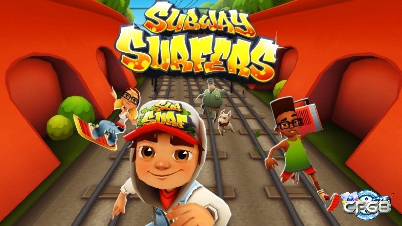Subway Surfers với nhân vật chạy trên đường ray tàu điện nhiều màu sắc