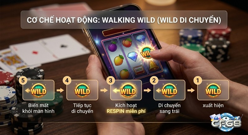 Cơ chế hoạt động 5 bước của Walking Wild (Wild di chuyển) trên slot game, thể hiện cách di chuyển liên tục và kích hoạt Respin miễn phí