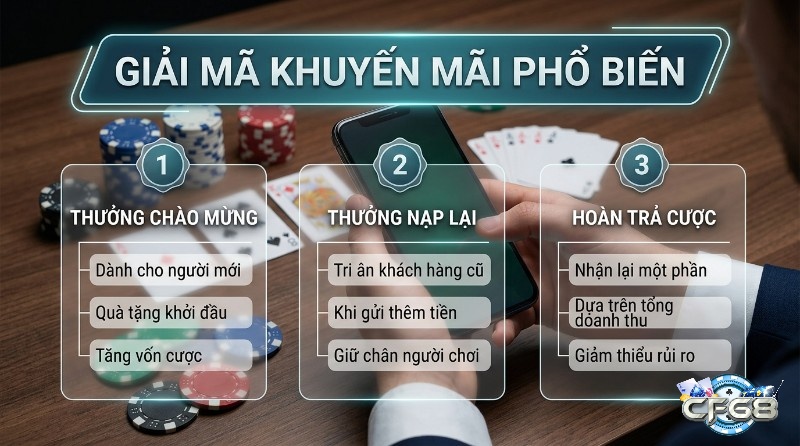 Giải mã các loại cách nhận khuyến mãi từ sòng bạc phổ biến: Thưởng chào mừng cho người mới, Thưởng nạp lại tri ân khách cũ, Hoàn trả cược dựa trên doanh thu