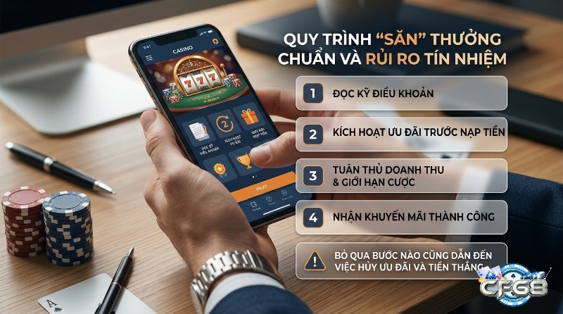 Quy trình "săn" thưởng chuẩn: đọc điều khoản, kích hoạt ưu đãi, tuân thủ doanh thu cược trên ứng dụng casino