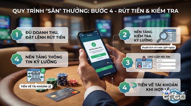 Quy trình rút tiền thưởng 4 bước cách nhận khuyến mãi từ sòng bạc: đặt lệnh sau đủ doanh thu, nền tảng kiểm tra lịch sử cược, xác thực KYC, tiền về tài khoản