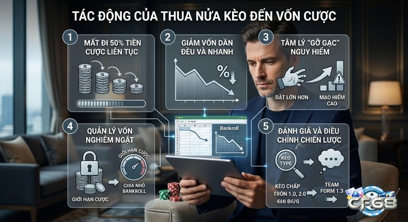 Sơ đồ tác động thua nửa kèo: giảm vốn, tâm lý gỡ gạc, và các giải pháp quản lý bankroll, kết hợp với việc hiểu rõ cách tính thua nửa kèo