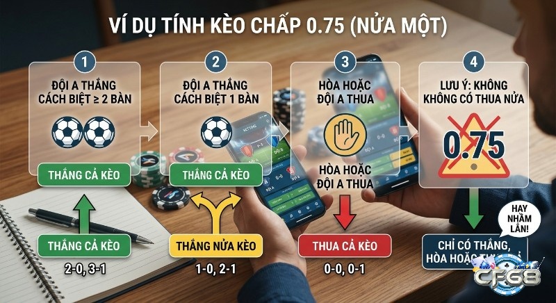 Hướng dẫn ví dụ thực chiến kèo chấp 0.75 (nửa một): Khi nào thắng cả, thắng nửa, thua cả, và đặc biệt không bao giờ thua nửa kèo